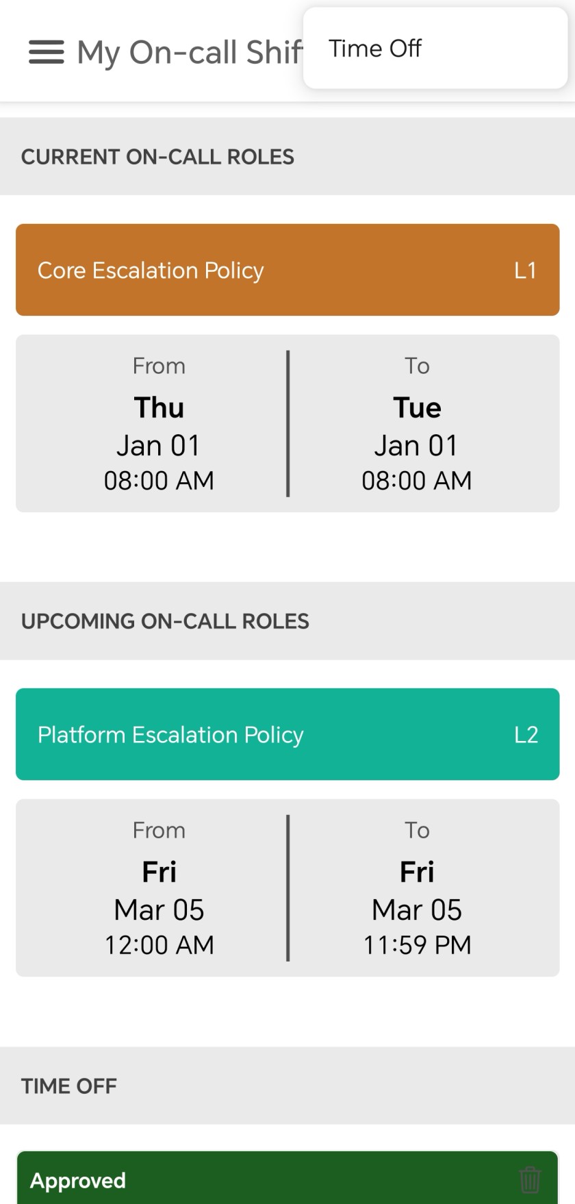 My On-call Shifts page on mobile app