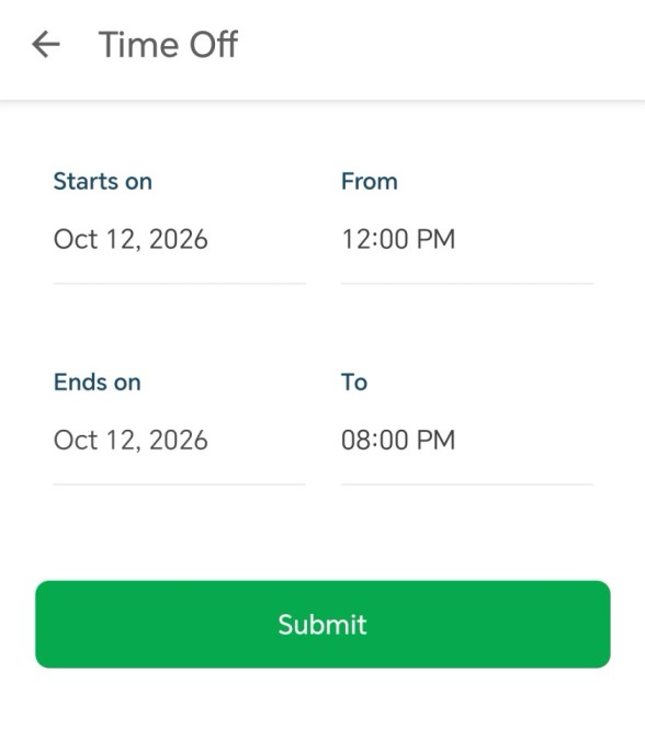 Time off page on mobile app