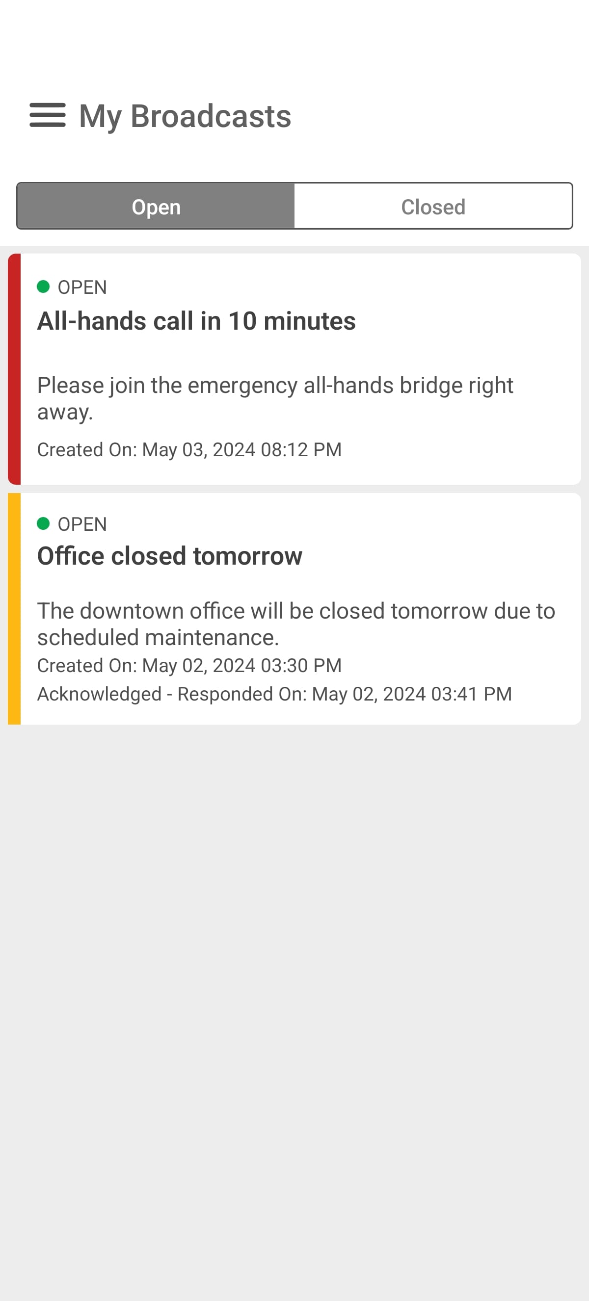 My Broadcasts Page - Android View