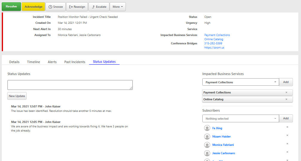 Incident Details Status Updates