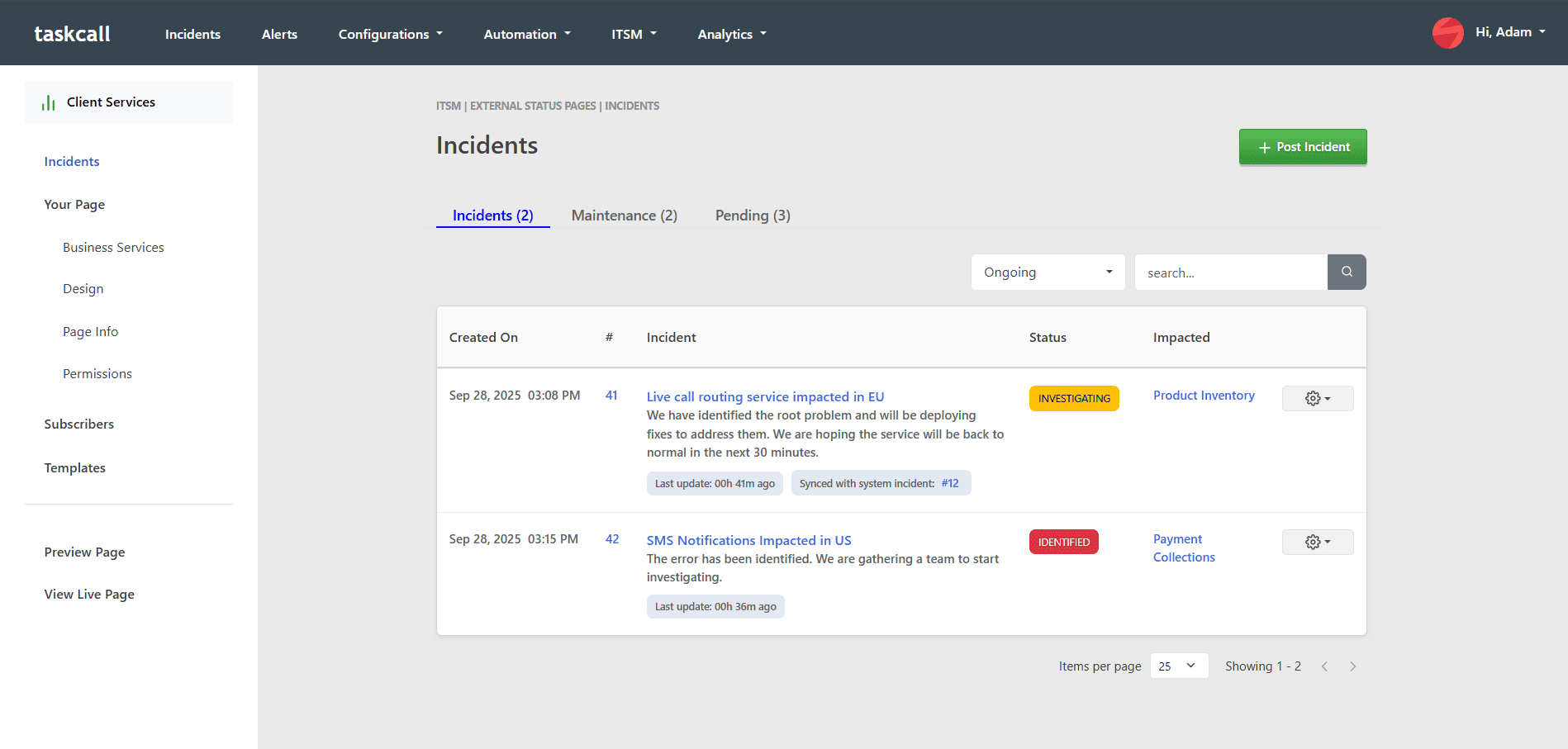 Status Page Incidents