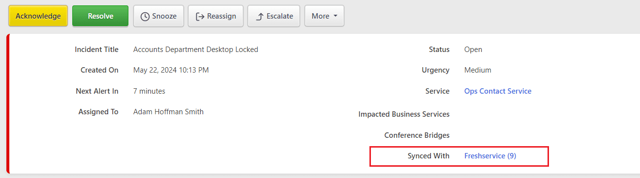 Freshservice Synced Ticket