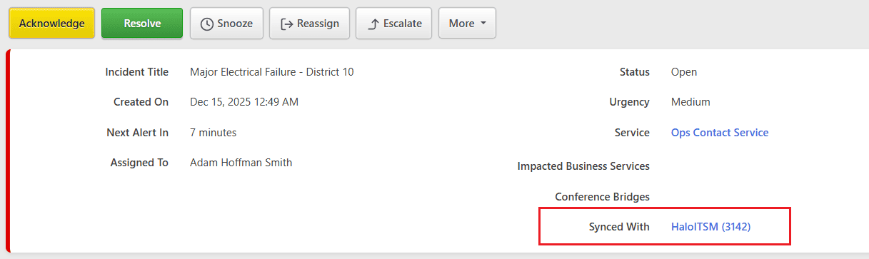 HaloITSM Synced Ticket
