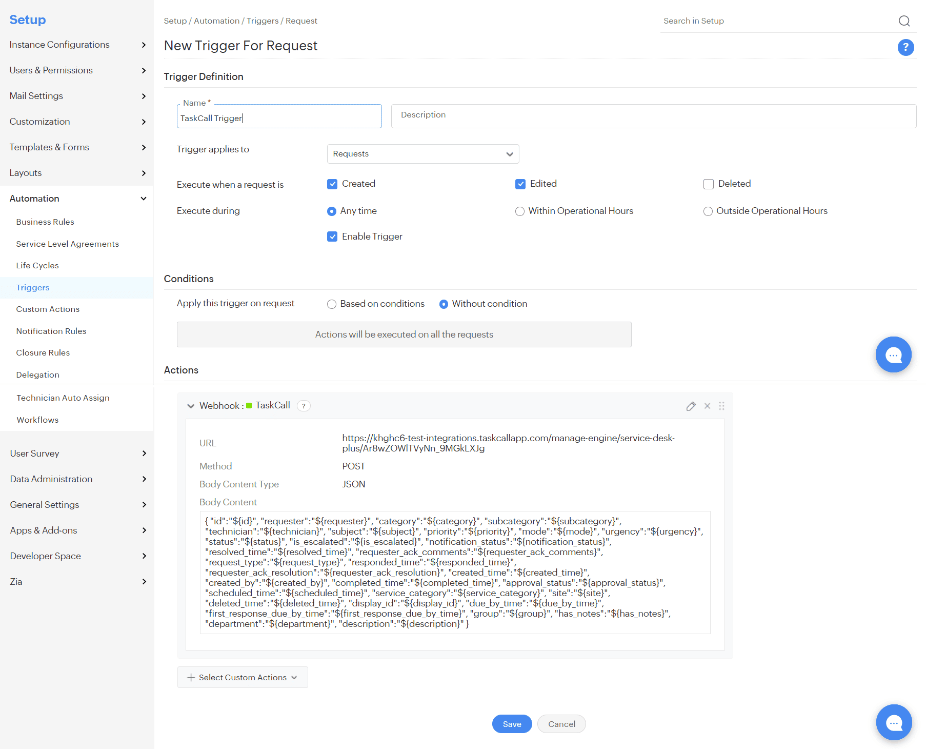 ManageEngine ServiceDesk Plus Trigger