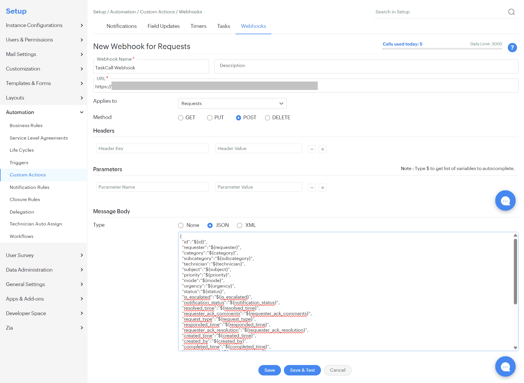 ManageEngine ServiceDesk Plus Webhook