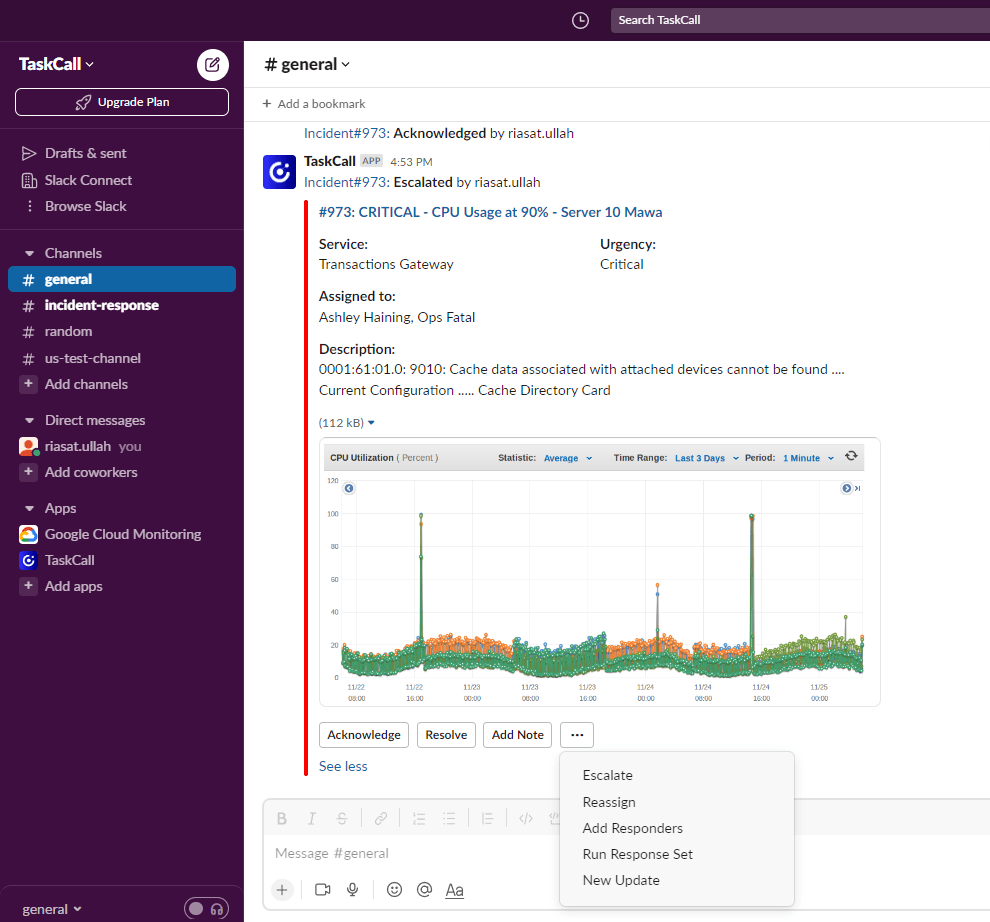 TaskCall's Slack Incident Notification