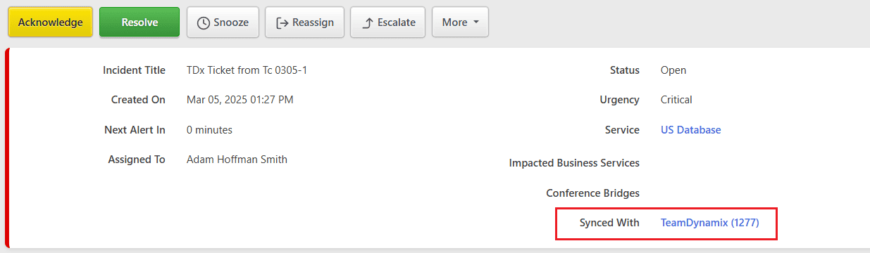 TeamDynamix Synced Ticket